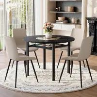 STILVORA Eettafelset 100 Cm - Ronde Tafel Met 4 Stoelen En Glasinzet - Voor Eetkamer En Keuken - MDF Metaal - Warmgrijs