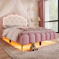 Aiorber gestoffeerd bed, 140x200 cm, met lattenbodem (zonder matras), prinsessenmodel, onderbed met LED-omgevingsverlichting, metalen poten, kinderbed, roze