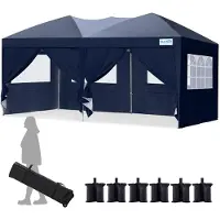 Quictent opklapbare partytent 3x6 meter met 6 zijwanden, inklapbare tuinpaviljoen met transporttas, waterdichte en stabiele partytent 3x6, geschikt voor feesten, UV-bescherming 50+, blauw