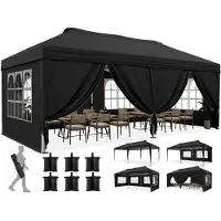 Quictent 3x6m opvouwbare paviljoen, paviljoen met centrale vergrendeling en bedieningsknop, inklapbaar met 6 zijwanden, tuinpaviljoen met afvoergaten, zwart