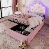 Aiorber gestoffeerd bed, 90x200 cm, met lattenbodem, hydraulisch boxspringbed met opbergruimte, "Kronprinzessin" design, LED-omgevingsverlichting, kinderbed, roze