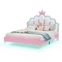 Merax Prinsessenbed 140x200 met Verlichting en Verstelbaar Hoofdbord met Kroon - Kunstleer Roze