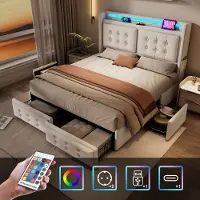 Merax Gestoffeerd Kingsize Bed 180x200 cm met 4 Opberglades – Tweepersoonsbed met LED Hoofdbord en USB-C Aansluiting – Inclusief Lattenbodem - Beige