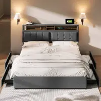 Merax Gestoffeerd tweepersoonsbed met in hoogte verstelbaar hoofdeinde en 4 laden, USB-oplaadfunctie en hoofdeinde opbergruimte, zonder matras, grijs, 140 x 200 cm