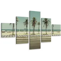 Karo-art Schilderij - Retro strand met palmbomen, 5luik, Premium print