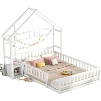 Merax Houten Tweepersoonsbed 140x200 cm voor Kinderen - Bed in Huisvorm met Reling - Kinderbed Inclusief Nachtkastje - Wit