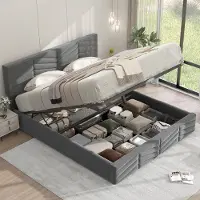 Merax Tweepersoonsbed met Hydraulisch Opbergruimte en Verstelbaar Hoofdeinde - Grijs Gestoffeerd Bed
