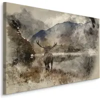 Karo-art Schilderij - Hert met landschap (print op canvas), bruin, premium print