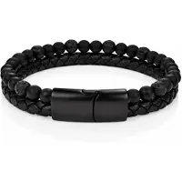 Memphis Heren armband zwart leer Agaat kralen Edelstaal magneet sluiting - 22cm