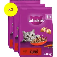 Whiskas 3x 1+ Adult Katten Droogvoer Rund 3,8 kg