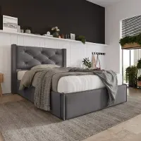 SINGULARITY -Hydraulisch eenpersoons gestoffeerd bed 90x200cm- modern bedframe met opbergruimte- grijs met matras