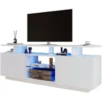 OKWISH TV-Meubel – Hoogglans Wit 2 Deuren – Met LED – App-Gestuurde 16-Kleur LED & 5 Open Vakken – Spaanplaat Wit – 140×35×55 cm
