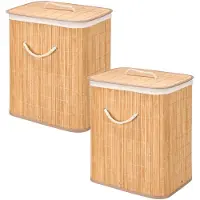 Kipit Wasmand van bamboe - 2x - wit / bruin - 60 liter - 40 x 30 x 50 cm - met deksel - met binnendoek