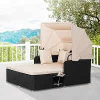 Laura Wicker Zonne Eiland 165x153 cm met Zonnedak & 2 Bijzettafels – 2 Persoons Dubbel Ligbed met Kussens, Opklapbaar Dak, Weerbestendig Poly Rattan – Geel –