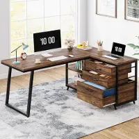 Tribesigns L-vormig Bureau - Computerbureau met 3 Lades - Omkeerbaar Hoekbureau met Planken - Bureau Houten Tafel voor Studeerkamer, Schrijftafel, Werkplek - 135 x 100 x 75 cm - Bruin