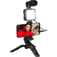Grundig Telefoon Statief met Lamp - Telefoon Tripod met Microfoon - LED's met 3 Kleurinstellingen - Telefoons 53 tot 84MM - Tafelmodel en Selfiestick - Kunststof - Zwart