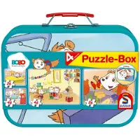 Schmidt Bobo Siebenschläfer puzzelbox in een metalen koffer (2 sets van 26 stukjes, 2 sets van 48 stukjes)