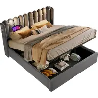 Merax Velvet Gestoffeerd Tweepersoonsbed met Verlichting en Oplaadfunctie - Luxe Bed met Hydraulische Opbergruimte - Grijs