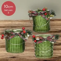 Lumineo Groene glazen waxinelichthouders met verschillende profielen - Set van 3 - Ø8 x 10 cm - kerstdecoratie - kerst - luxe theelichthouder - voor kaarsjes