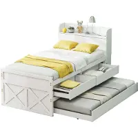 Merax Houten Eenpersoonsbed 90x190 cm met Extra Uitschuifbaar Bed - USB-Aansluiting en Opbergruimte - Wit