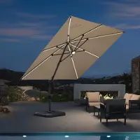 Laura Zweefparasol 300x300 cm met LED Verlichting & 360° Draaibaar – Aluminium Tuinparasol UV50+ Waterafstotend Vierkant Beige – Luxe Hangparasol voor Terras & Tuin –