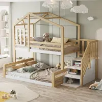 Merax Stapelbed 90x200 cm - bed met raam - huisrand - leuning - trap met opbergruimte - houtkleur - zonder matras