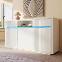 OKWISH Dressoir – Met Led-Verlichting – 140 x 40 x 85 cm – 3 Deuren En 2 Laden – Verstelbare Opbergruimte – Hout Wit