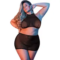 Erotic Treasure Magic Silk - Polka Dot Mesh Halter & Skirt Set - Black
