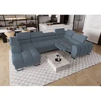 Fun-Möbel Zitmeubel met slaapbank, model BASTIEN RELAX, bekleed met stof Gemma, kleur blauw. Inclusief ottoman aan de linkerkant