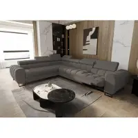 Fun-Möbel Eckbank met slaapfunctie, model BASTIEN RELAX, bekleed met stof Aragon in donkergrijs, met een losse ottomaan aan de linkerkant