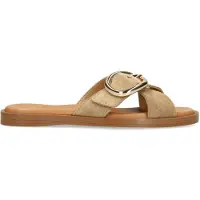 Manfield Beige suède slippers met gouden gesp | Maat 39