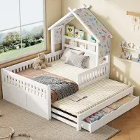 STILVORA Huisbed 140x200 cm – Zonder Matras – Met Uitschuifbed – 3 Opberglades En Veiligheidshekje – Kinderkamer – Hout – Wit