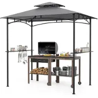 Costway Grillpaviljoen 242x150cm, tuinpaviljoen met dubbel dak, 2 zijplanken en 6 haken, barbecuepaviljoen, grilloverkapping, grillbescherming