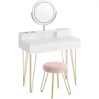 Vasagle Kaptafel met kruk en verlichting, Mat Wit + Bleekgoud / 40 x 80 x 134,8 cm (D x B x H)