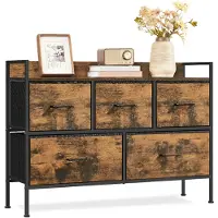 Songmics Ladekast met vijf stoffen lades en stevig stalen frame, Vintage Bruin + Inktzwart