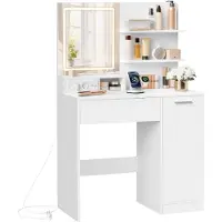 Vasagle Kaptafel met planken en lade wit, Kaptafel met LED-verlichting