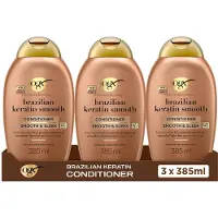 OGX Conditioner Brazilian Keratine Smooth, Kokosolie & Keratine, Anti-Pluis & Glans, Voor Krullend of Golvend Haar, Sulfaatvrij, Verstevigt & Verzacht, 3x385 ml