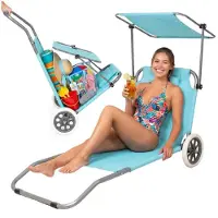 BE-ACTIVE.PL Zonnebed met wielen, voorzien van een zonnedak, inklapbaar. Verstelbare rugleuning, geschikt tot 120 kg. Kleur: mintgroen
