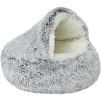 OEM Hondenbed rond, halfopen met kap. Geschikt voor kleine honden en katten. Wasbaar huisdierenbed met antislipbodem. Geschikt voor langharige dieren. Dikke, warme hondenkussens, grijs, diameter 40 cm