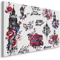 Karo-art Schilderij - Symbolen van Londen met Bloemen, Premium Print