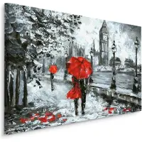 Karo-art Schilderij - Regen in Londen (print op canvas), zwart-wit/rood, 4 maten, premium print