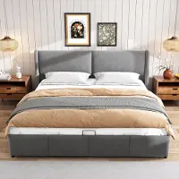 SINGULARITY -Gestoffeerd bed- oorvormig- kussenhoofdeinde- tweepersoonsbed- hydraulisch functioneel bed- 160 x 200- grijs- zonder matras