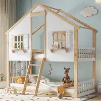 Merax Stapeldbed 90x200 cm - kinderbed - ramen en dak - beveiligingshekken aan beide zijden - natuurlijk wit - zonder matras