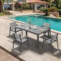 Laura Tuinmeubelset 150x80 cm 4 Personen Aluminium Houtlook Tuintafel met 4 Stoelen en Armleuningen – Weerbestendige Balkon- en Terrasmeubelen Grijs –