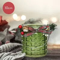 Lumineo Groene glazen waxinelichthouder met geblokt patroon en versiering - Ø8 x 10 cm - kerstdecoratie - kerst - luxe theelichthouder - voor kaarsjes