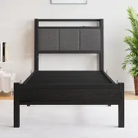 Laura Metalen bedframe 90x200 cm met USB-oplaadstation, opbergruimte onder bed, stevig stalen eenpersoonsbed met houten hoofdeinde en lattenbodem, modern logeerbed en tienerbed zwart en donkergrijs –