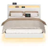 Vasagle Tweepersoonsbedframe met zwevend effect en ledverlichting, Wolk wit / 140 x 200 cm