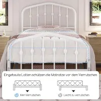 Laura Metalen bedframe 90x200 cm vintage met kroonvormig hoofdeinde – stevig, stil, 12 lattenbodem, 205 kg draagkracht, opbergruimte onder bed, wit