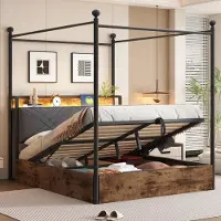 HAUSS SPOLE Multifunctioneel Hemelbed 140x190cm - Hydraulische Opbergruimte - Baldakijn Met LED En USB/Type-C - Metaal - Zwart - Zonder matras
