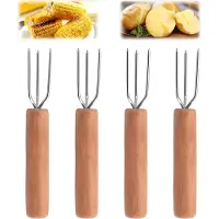 LONGZIMING -Pellkartoffelgabeln - Aardappelvorken - Bestek Set - Drietandige Punt - Hittebestendig Design - Rostvrij Staal En Hout - Antislip Greep - Veilig Serveren - 4 Stuks
